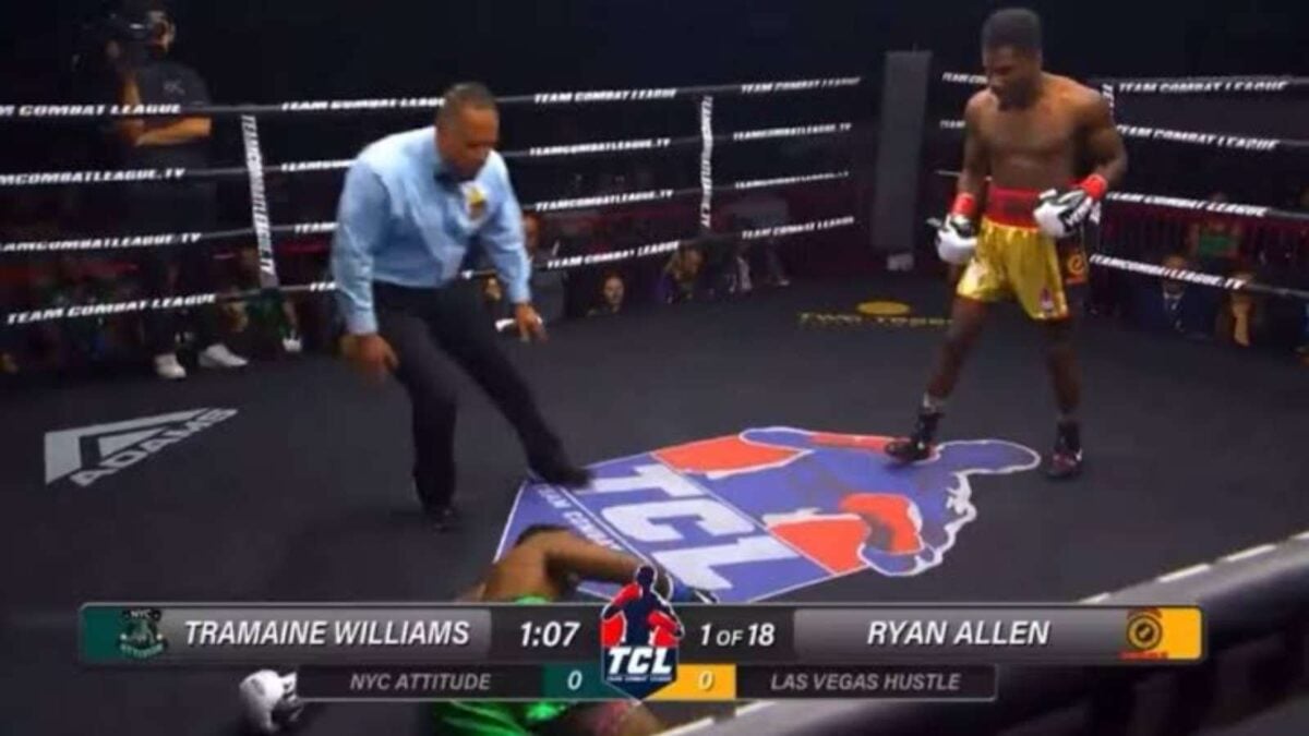 Tramaine Williams drops to the canvas while fighting Ryan Allen 