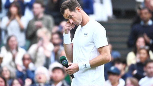 Andy Murray emotional during a special ceremony on center court match at the 2024 Wimbledon Championships