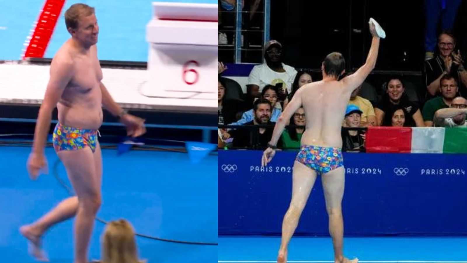 ‘Bob The Cap Catcher’ goes viral on social media for his flowery Speedos after retrieving stranded swimming cap during Paris Olympics