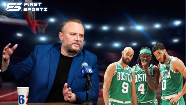 Daryl Morey, Derrick White, Jrue Holiday and Jayson Tatum