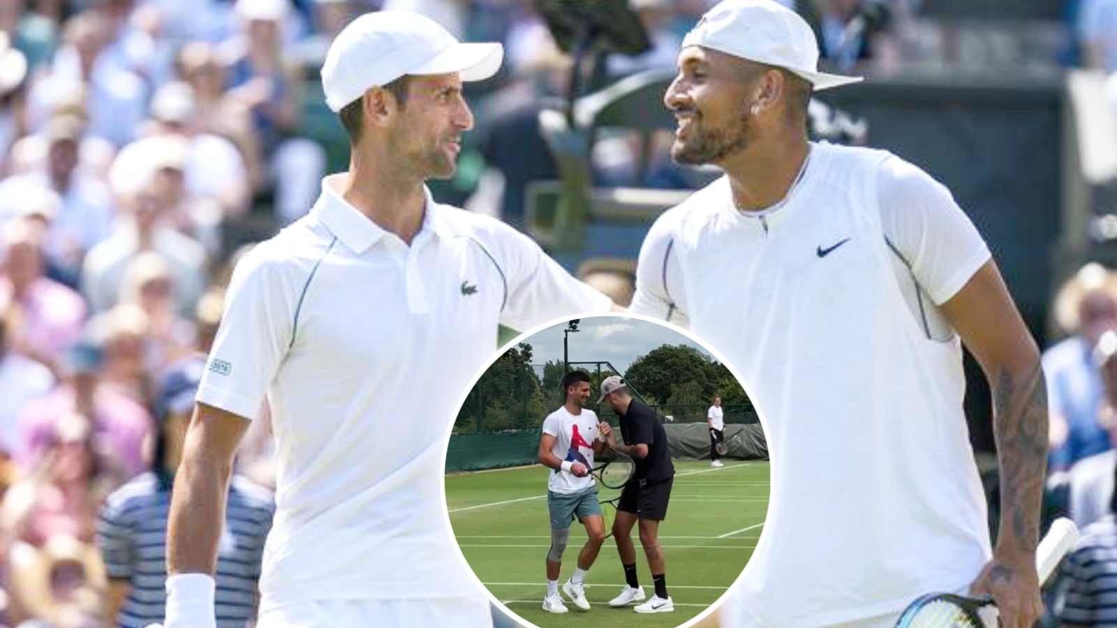 WATCH: Nick Kyrgios returns to action at Wimbledon as he helps Novak Djokovic hone his trick shot skills