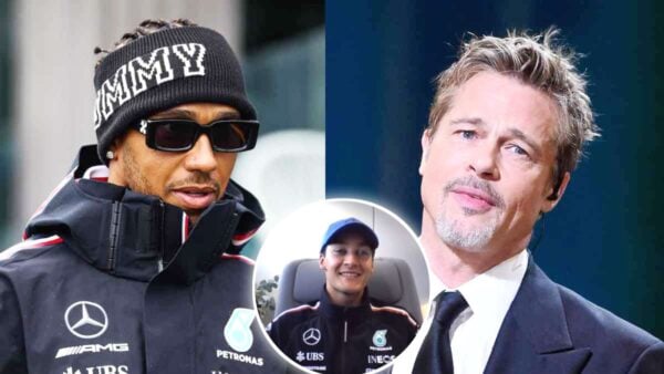 Lewis Hamilton and Brad Pitt (via IMAGO), George Russell (via @fastcuriouspod/Youtube)