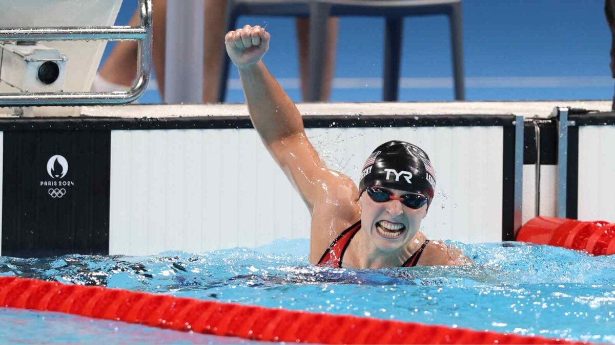 Katie Ledecky of United States celebrates winning the Swimming Women's 1500m Freestyle and setting up a new olympic record in 1530.02 in final at the Paris 2024 Olympic Games