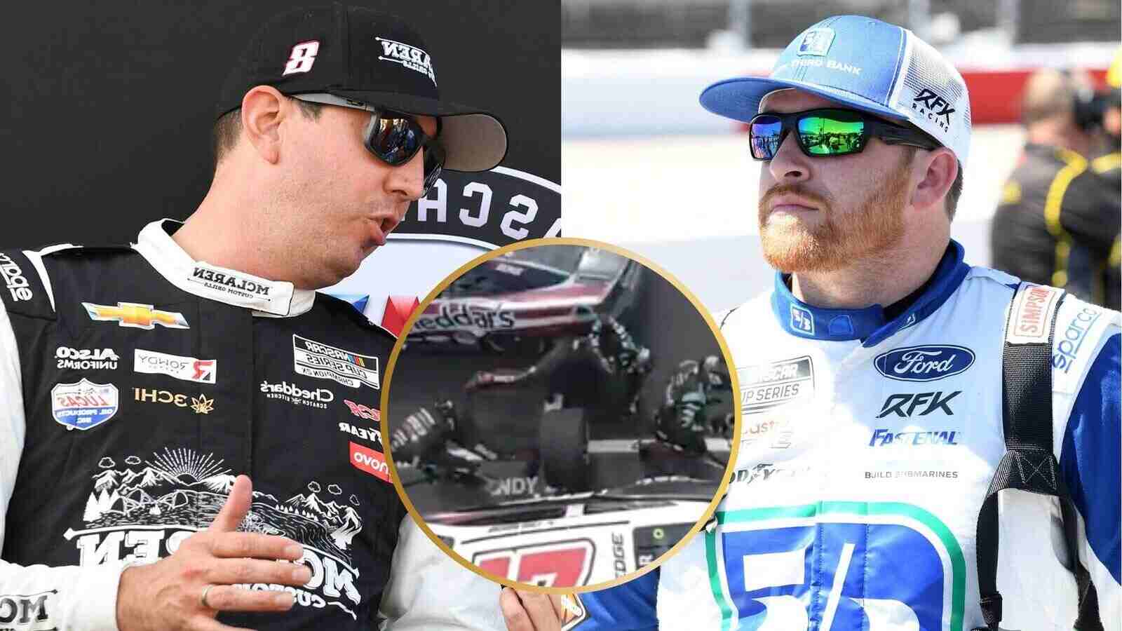 WATCH: Kyle Busch knocked down Chris Buescher’s tire carrier at Brickyard 400 during a pit-stop