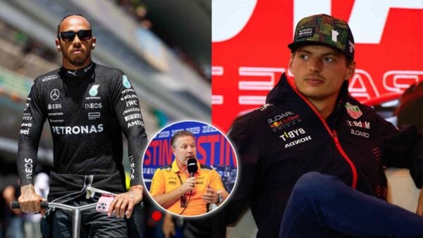 Lewis Hamilton, Zak Brown and Max Verstappen