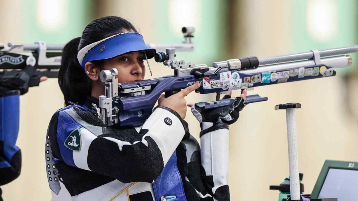 Mehuli Ghosh of India competes during the women s team 10m air rifle shooting at the 19th Asian Games in Hangzhou, east China s Zhejiang Province, Sept. 24, 2023. 