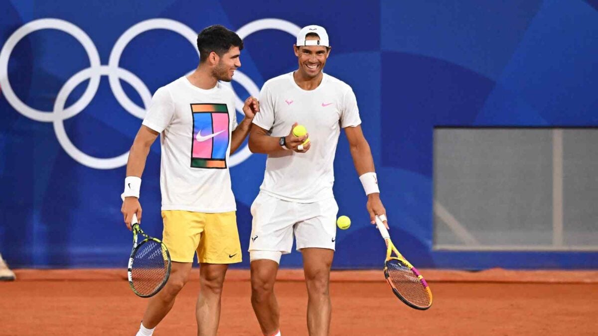 Rafael Nadal (ESP) with Carlos Alcaraz (ESP) during practice at the 2024 Olympics Games at Roland-Garros in Paris, France, on July 26, 2024