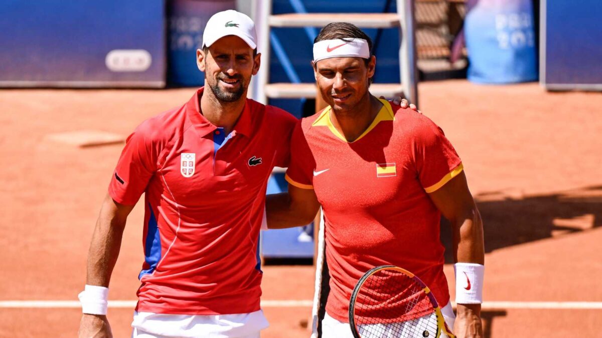 Rafael Nadal and Novak Djokovic posing for a picture before Paris Olympics match