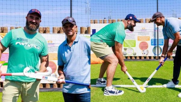 Former Head Coach of the Indian Cricket team, Rahul Dravid, and American footballer Jason Kelce engage in Hockey action ahead of India vs Argentina in the Olympic Games Paris 2024 