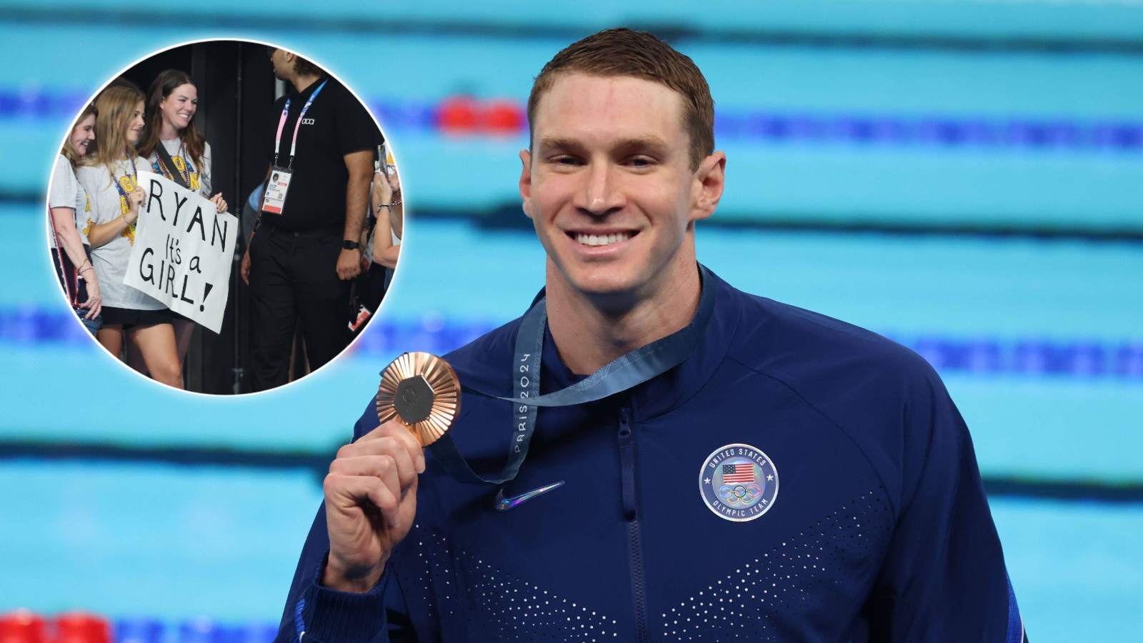 Ryan Murphy STUNNED as wife reveals gender of their baby during bronze medal victory lap at Paris Olympics 2024