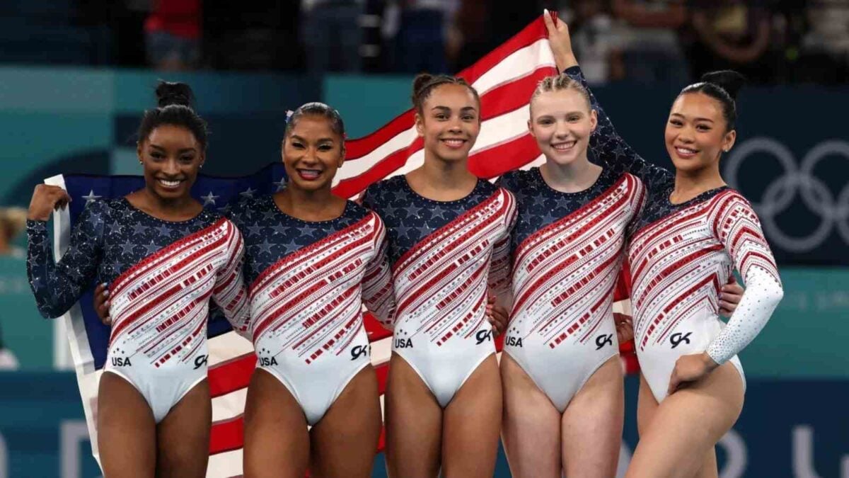 Simone Biles, Jordan Chiles, Hezly Rivera, Jade Carey and Sunisa Lee of the U.S. women's gymnastics team