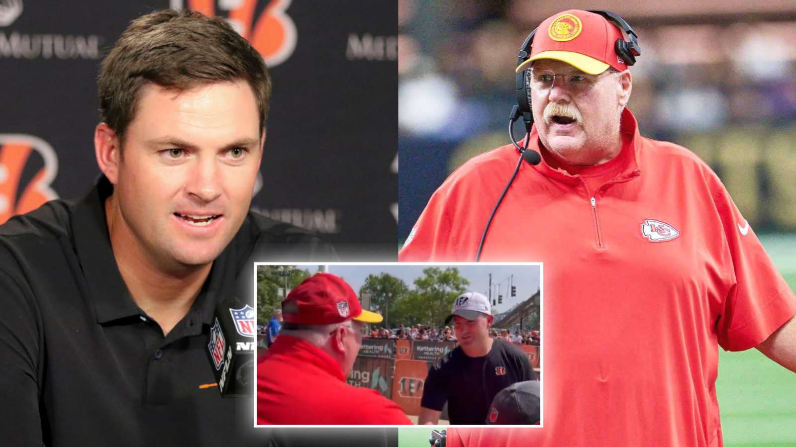 WATCH: Zac Taylor’s reaction to suddenly seeing Chiefs HC Andy Reid at Bengals training camp goes viral