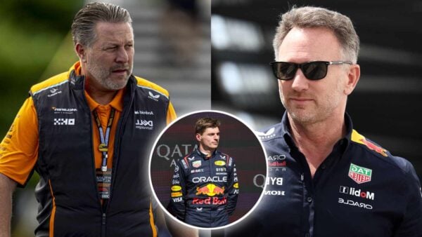 Zak Brown and Christian Horner with Max Verstappen