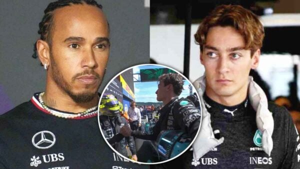 Lewis Hamilton and George Russell (via IMAGO, X/FiftyBucksVT, screenshot)