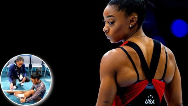 Simone Biles injured (uneven bars); qualification round, Bercy Arena, Paris Olympics