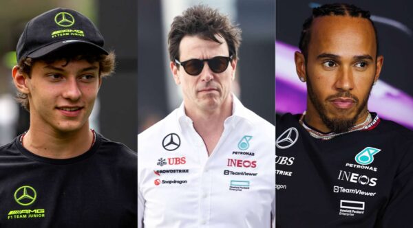 Andrea Kimi Antonelli, Toto Wolff, and Lewis Hamilton