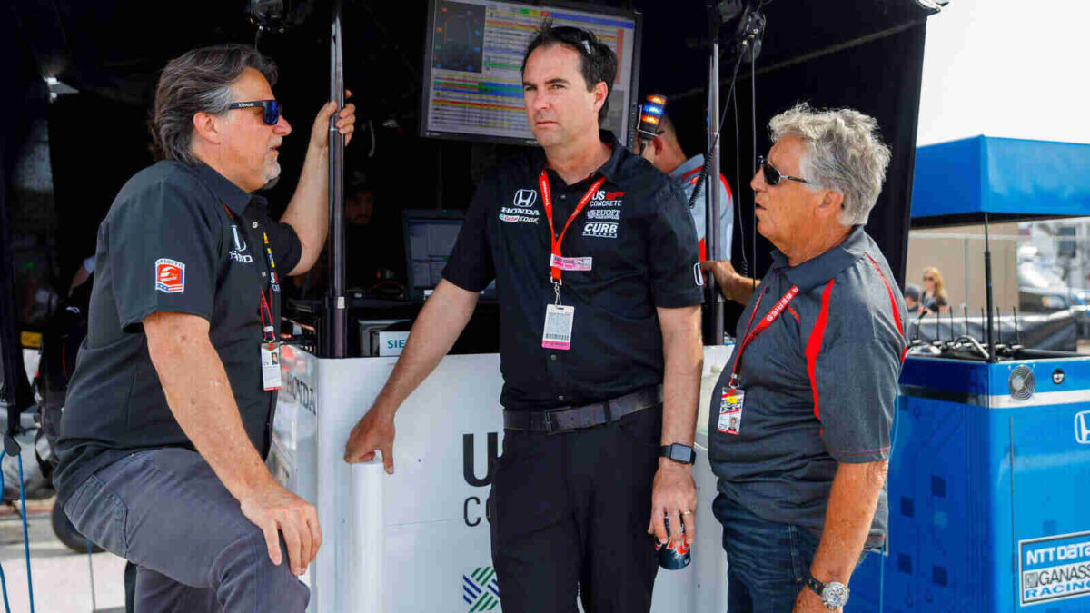 Michael Andretti (left), Bryan Herta (center) and Mario Andretti