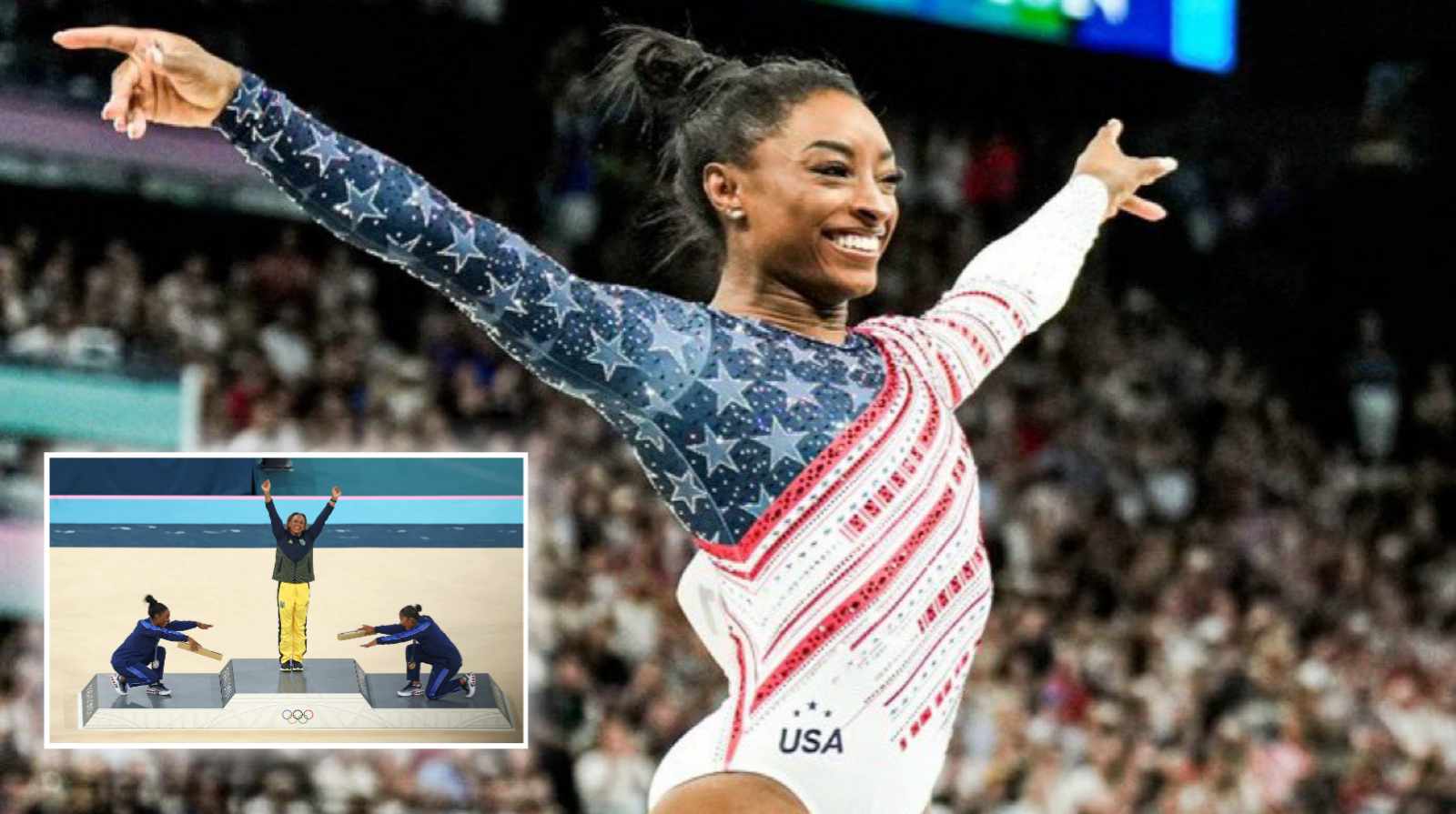 ‘Humble’ Simone Biles bows down in front of the world to Brazilian gold medal-winning opponent for an iconic picture at Paris Olympics