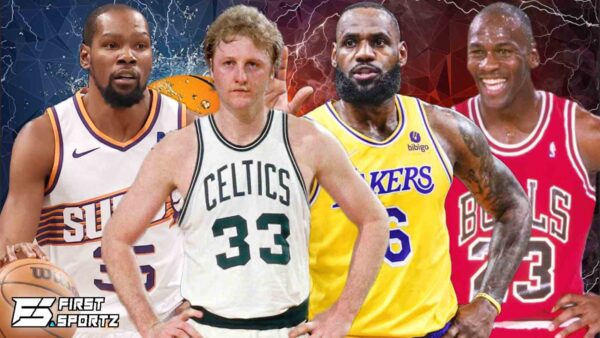 Kevin Durant, Larry Bird, LeBron James and Michael Jordan