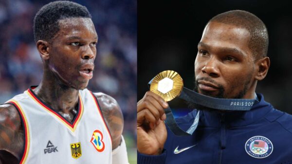 Team USA's Kevin Durant with gold medal at Paris Olympics and Dennis Schroder