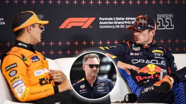 Lando Norris, Max Verstappen, and Christian Horner