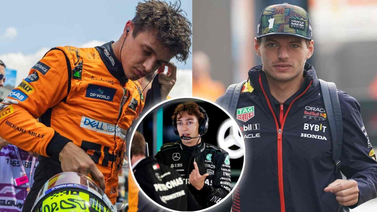 George Russell, Lando Norris and Max Verstappen