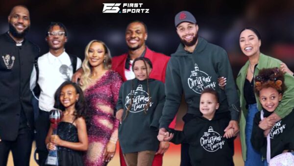 LeBron James and Stephen Curry with their families