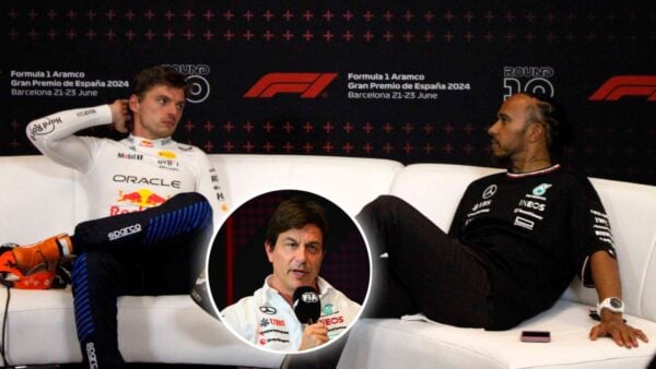 Max Verstappen, Lewis Hamilton, and Toto Wolff