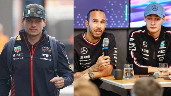 Max Verstappen with Lewis Hamilton and George Russell