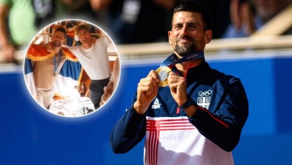 Novak Djokovic celebrating his Olympic Gold Medal