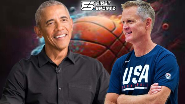 Team USA head coach Steve Kerr receives his flowers from Barack Obama