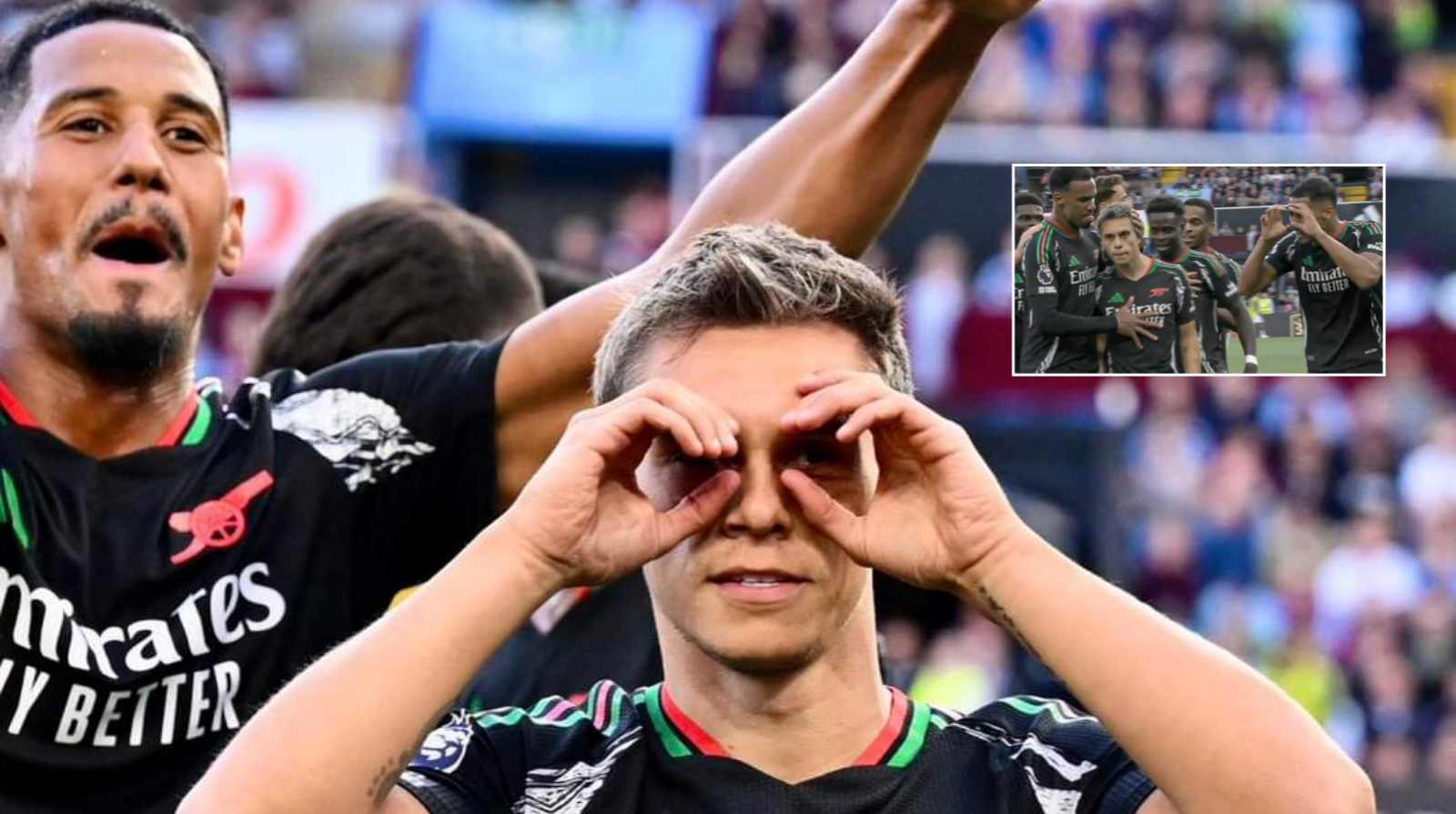 Arsenal star William Saliba urges Leandro Trossard to do iconic ‘goggles’ celebration following emphatic goal against Aston Villa