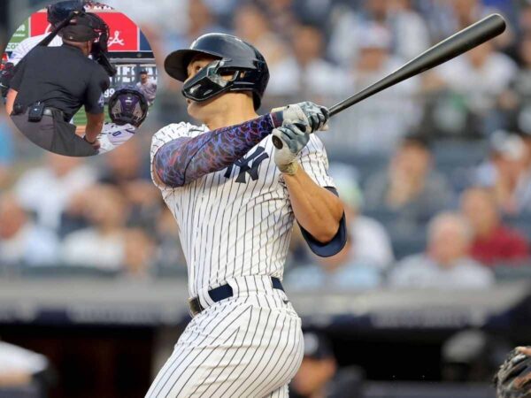 Ump. Nick Mahrley hit by Giancarlo Stanton's bat [Image Credit: X/Imago]