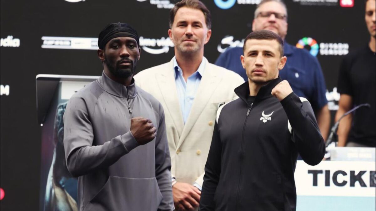 Terence Crawford, Eddie Hearn and Israil Madrimov at the pre-fight press conference