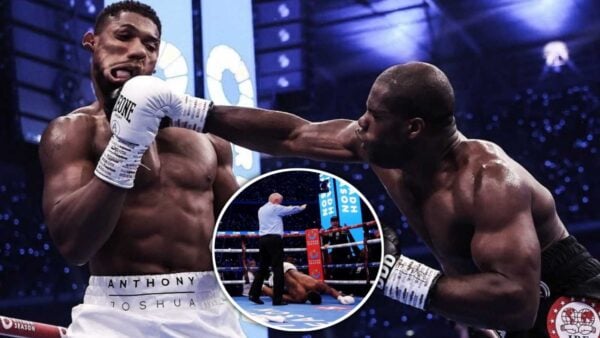 Anthony Joshua’s body collapses after a powerful right hook from Daniel Dubois