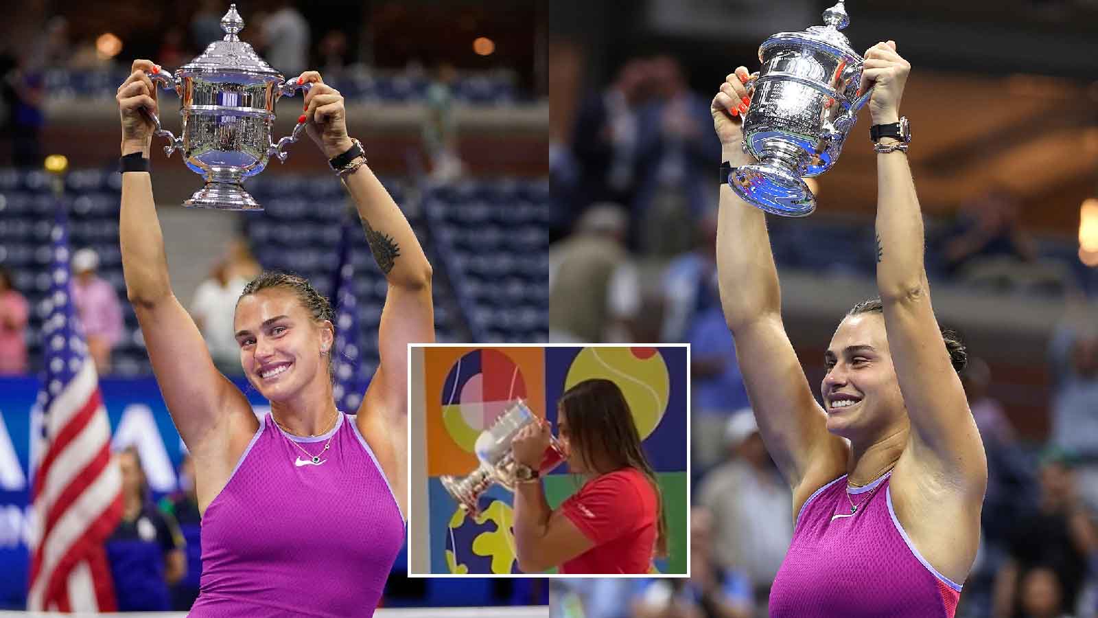 (Video) Aryna Sabalenka drinks champagne out of her US Open cup