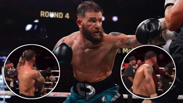 Caleb Plant does his infamous grave-digging celebration after beating Trevor McCumby