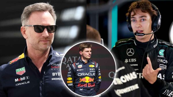 Christian Horner, George Russell, and Max Verstappen