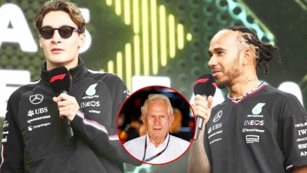 George Russell, Lewis Hamilton and Helmut Marko (via IMAGO)