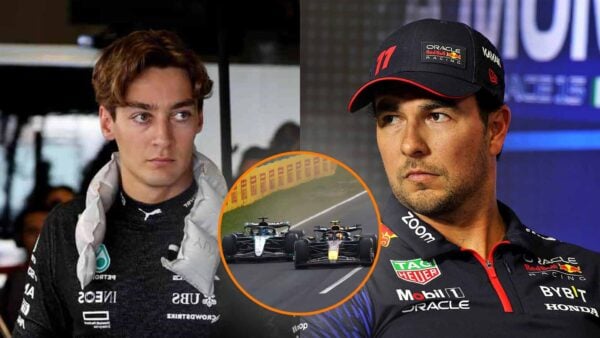 George Russell and Sergio Perez (via IMAGO, Motorsport.com/Screenshot)