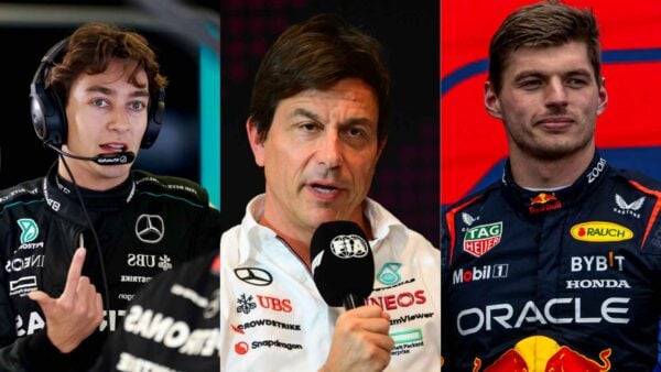 George Russell, Toto Wolff and Max Verstappen