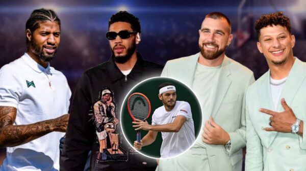 Paul George, Jayson Tatum, Travis Kelce and Patrick Maholmes were in attendance at the US Open Men's Final