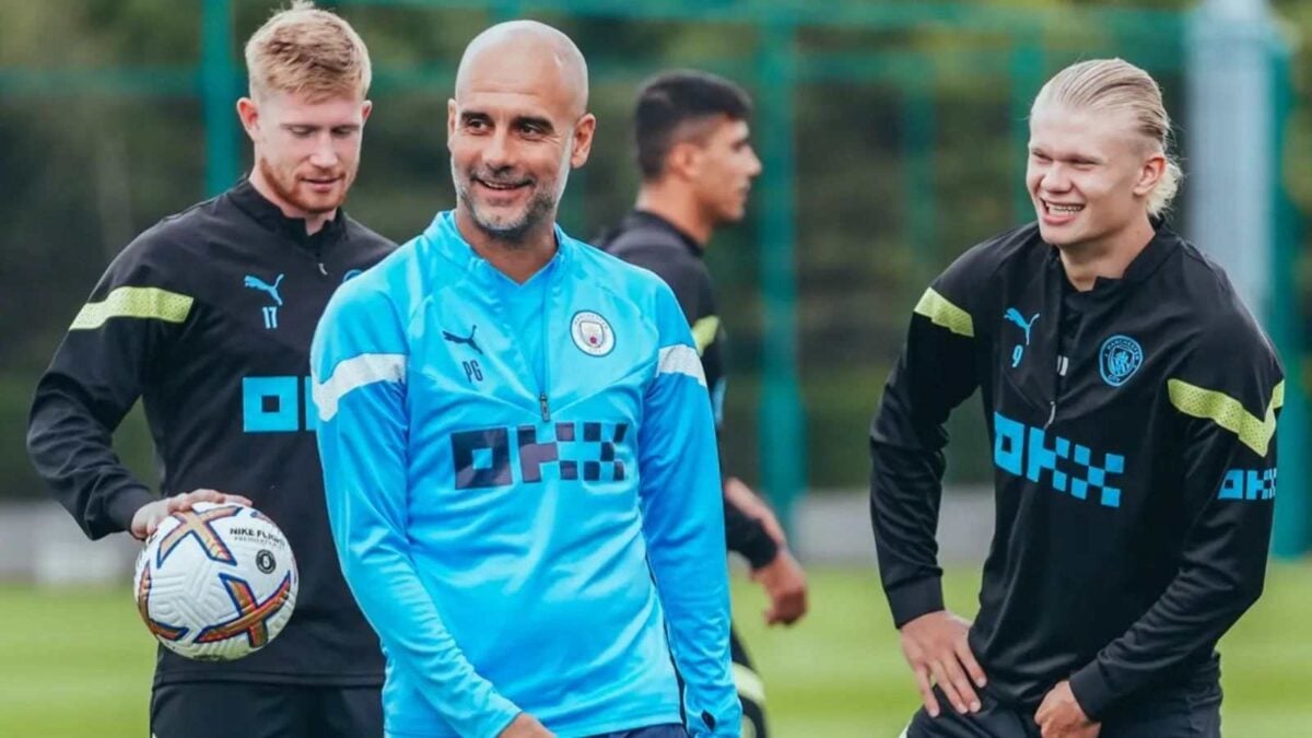 Pep Guardiola, Erling Haaland and Kevin De Bruyne