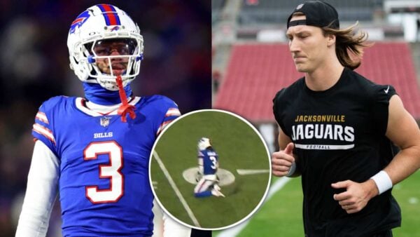 QB Trevor Lawrence lands high throw into Buffalo Bills safety Damar Hamlin's hands