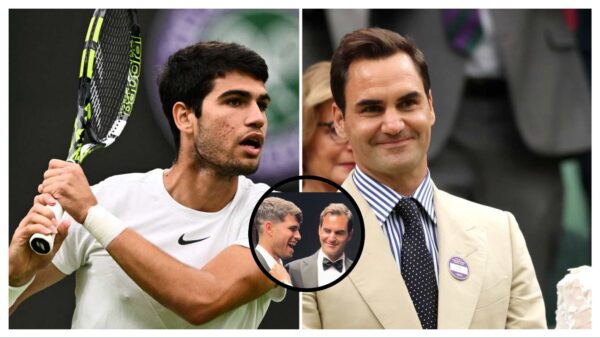 Roger Federer adjusting Carlos Alcaraz's bowtie