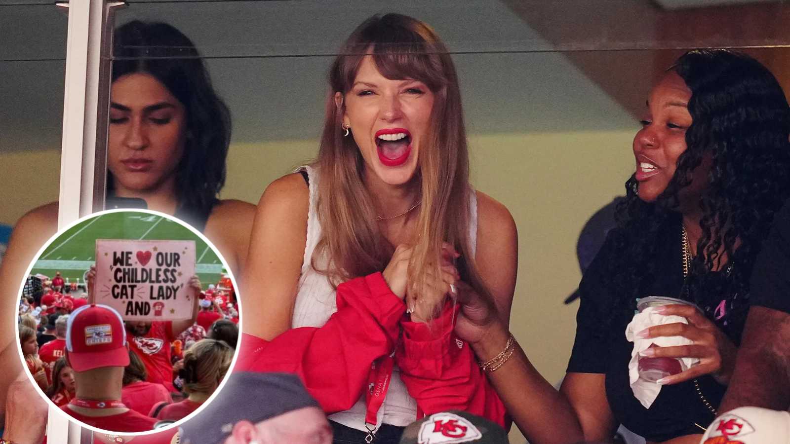 ‘Childless cat lady’ Taylor Swift in splits reacting to Chiefs fan at Arrowhead Stadium