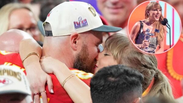 "Everything this man touches turns to happiness!" Taylor Swift, while blushing, thanks boyfriend Travis Kelce during her award acceptance speech at VMAs