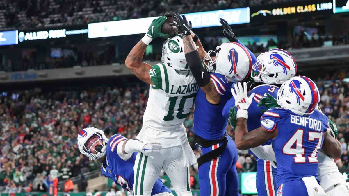 Allen Lazard got hold of the ball in between a sea of Buffalo Bills defenders