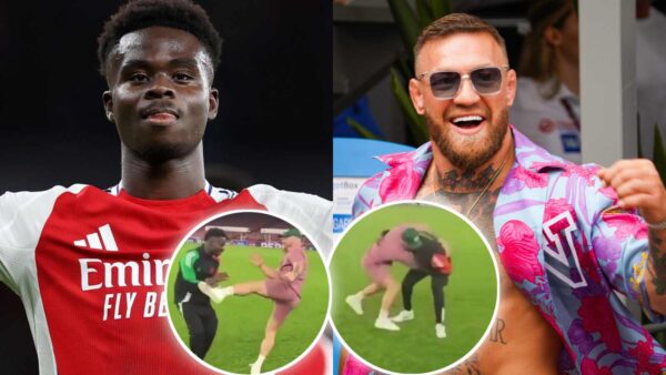 Conor McGregor kicks Bukayo Saka as they playfully fight each other