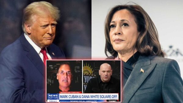 Kamala Harris supporter, Mark Cuban, and Donald Trump supporter, Dana White, engaging in a fiery debate